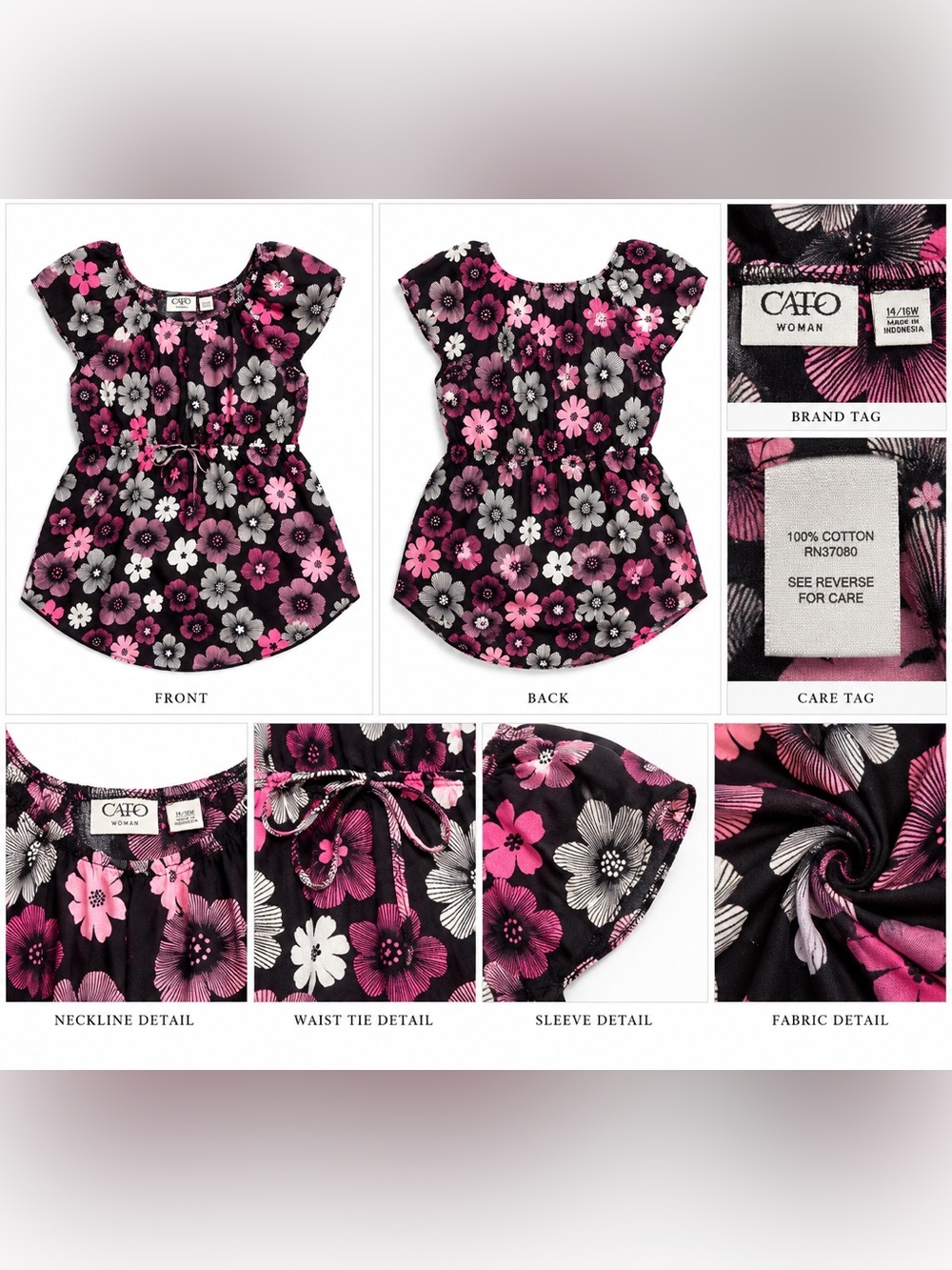 Cato Black Pink and White Floral Peplum Top